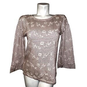 Lucky Brand Womens Striped Eyelet Embroidered Long Sleeve Top Burgundy Cream S